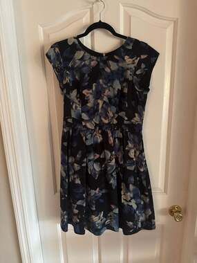 Rebecca Taylor Black and Blue Watercolor Floral Flutter Sleeve Silk Mini Dress S